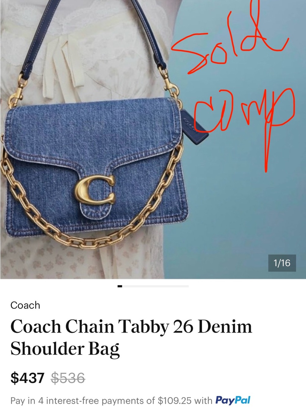Coach Pillow Tabby 26 Denim Chain Shoulder Bag Large Blue Jean Crossbody - Picture 11 of 16